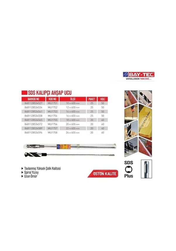BAY-TEC MU1754 Sds Kalıpçı Ahşap Ucu 16x600 mm