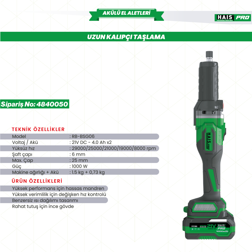 HaisPro Profesyonel 21V 4 AH Akülü Uzun Kalıpçı Taşlama Makinesi Çift Akülü RB-ZM06A